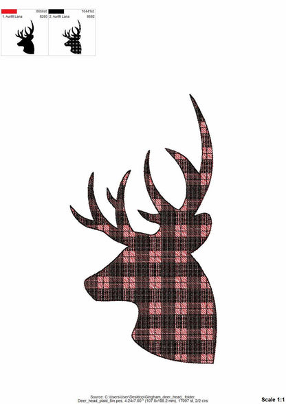 Plaid gingham print Buck Deer head silhouette antlers animal portrait, Machine embroidery designs