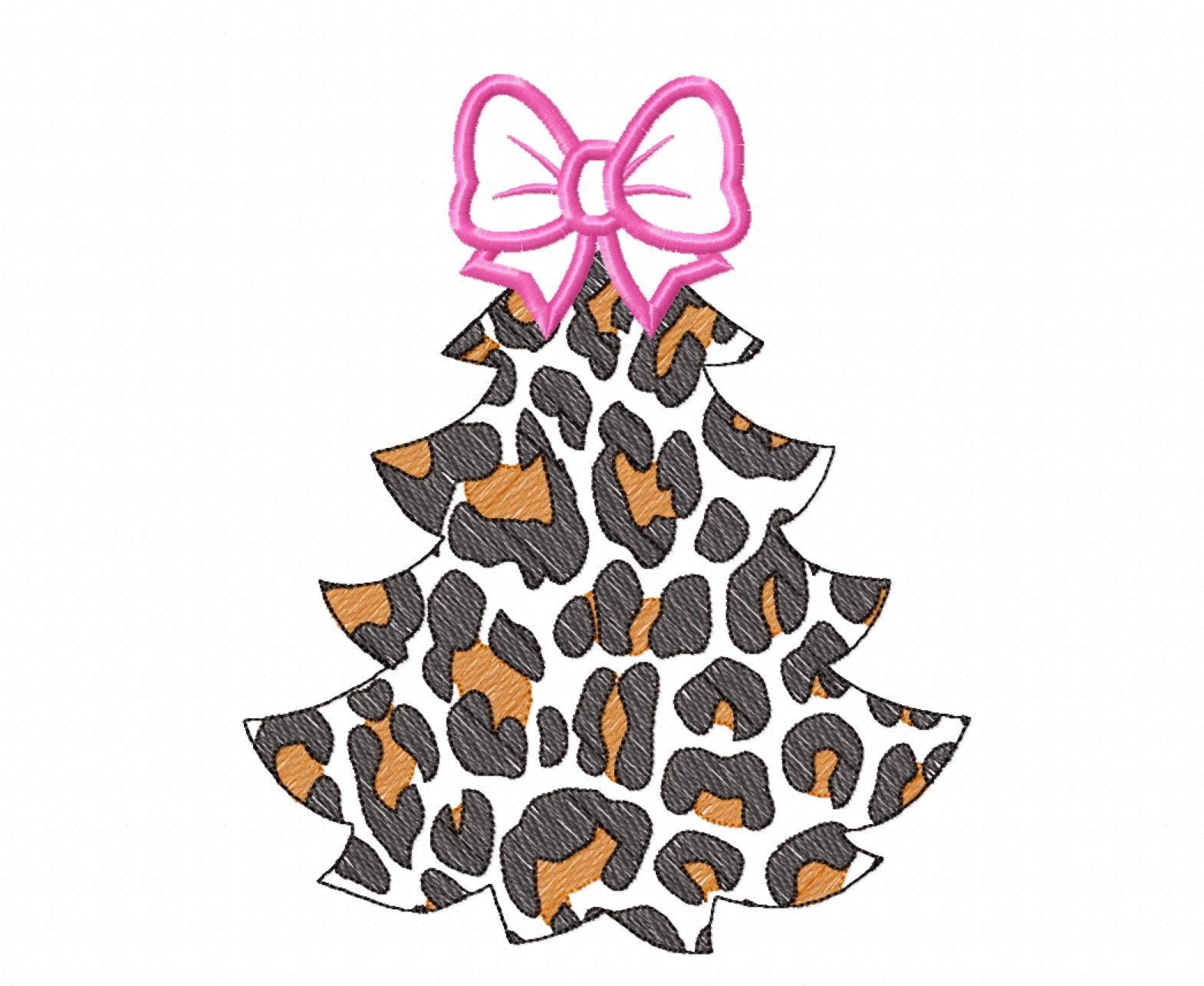 Leopard print with bow Christmas tree animal print Woodland Tree Applique light stitch outline machine embroidery designs