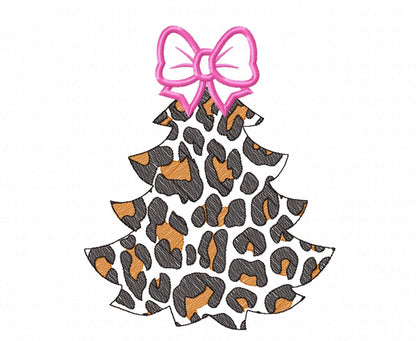 Leopard print with bow Christmas tree animal print Woodland Tree Applique light stitch outline machine embroidery designs
