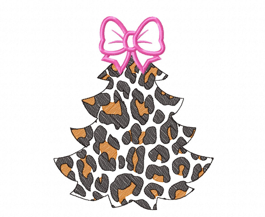 Leopard print with bow Christmas tree animal print Woodland Tree Applique light stitch outline machine embroidery designs