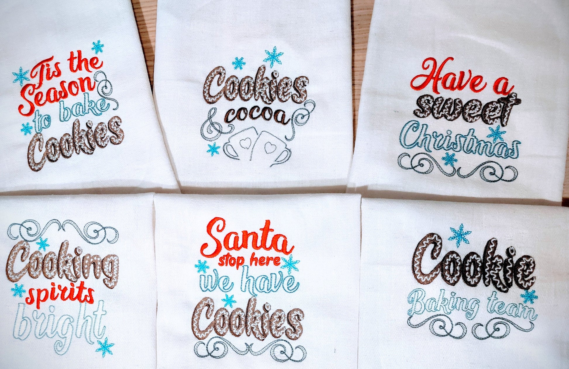 Merry Christmas kitchen Cookie baking saying designs SET of 6 Kitchen cute quotes -dish towel apron machine embroidery