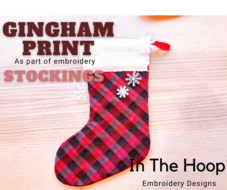 Gingham plaid 2 types Christmas Stockings with cuff, Sock for advent, Easy to make In The Hoop ITH machine embroidery design Quilted