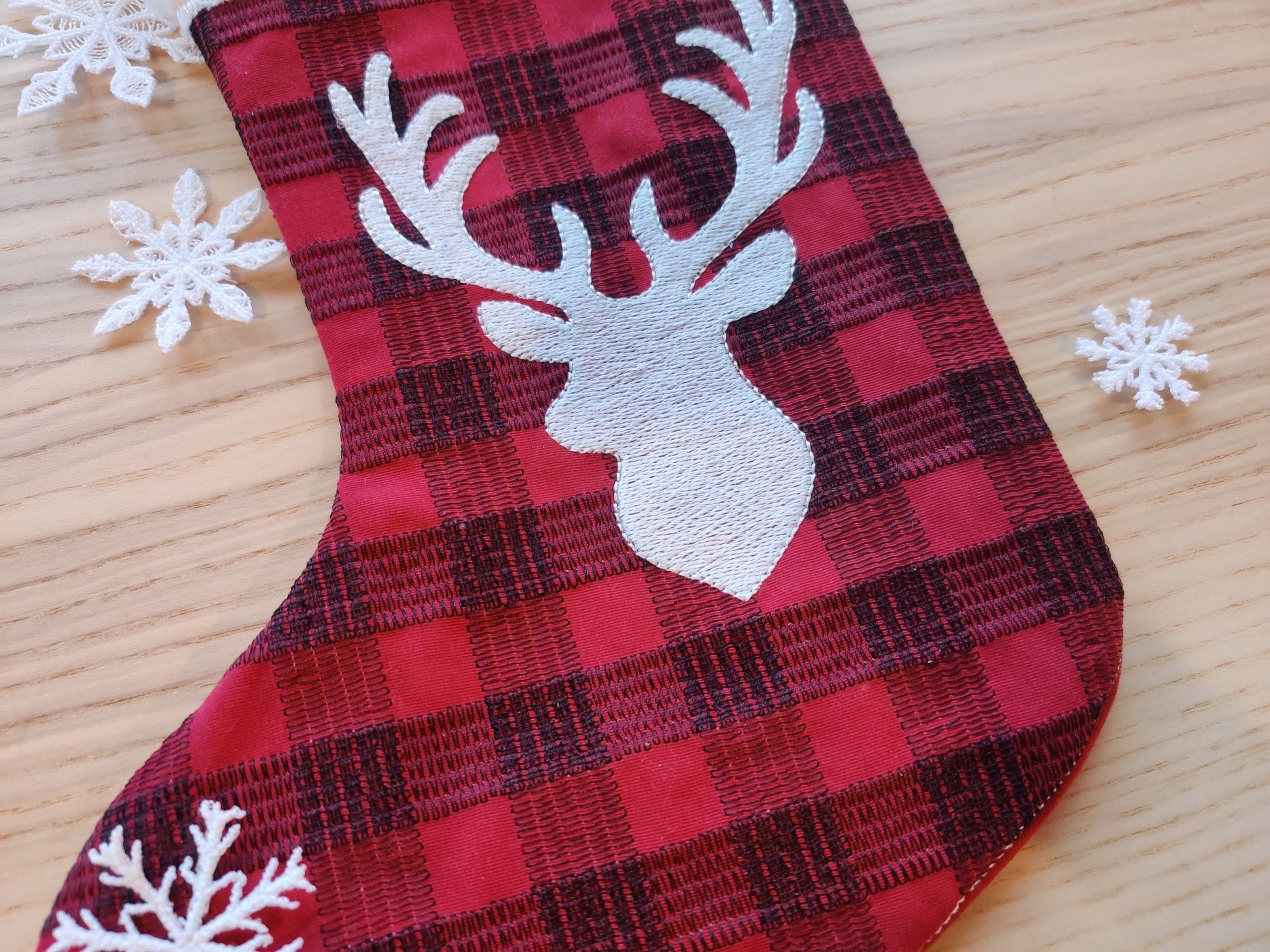 Buck Deer Gingham Plaid 2 Types Christmas Stockings With Cuff Advent Socks in the Hoop ITH Machine Embroidery Designs Quilted