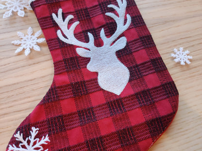 Buck Deer Gingham Plaid 2 Types Christmas Stockings With Cuff Advent Socks in the Hoop ITH Machine Embroidery Designs Quilted