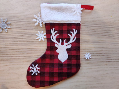 Buck Deer Gingham Plaid 2 Types Christmas Stockings With Cuff Advent Socks in the Hoop ITH Machine Embroidery Designs Quilted