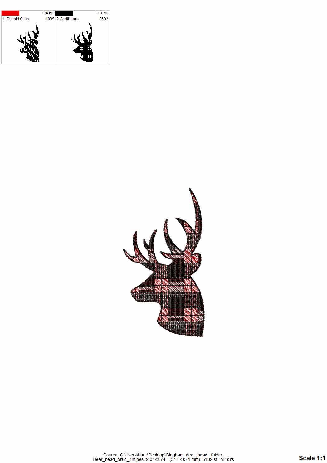Plaid gingham print Buck Deer head silhouette antlers animal portrait, Machine embroidery designs