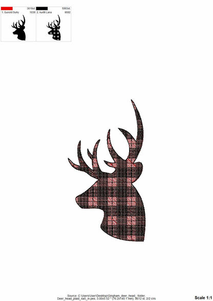Plaid gingham print Buck Deer head silhouette antlers animal portrait, Machine embroidery designs