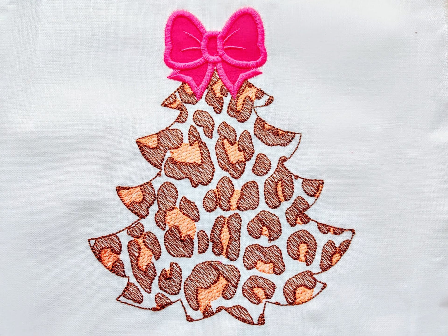 Leopard print with bow Christmas tree animal print Woodland Tree Applique light stitch outline machine embroidery designs