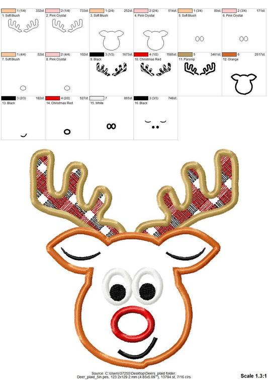 Reindeer applique Merry Christmas machine embroidery design Gingham plaid antlers Cute Deer Reindeer Boy