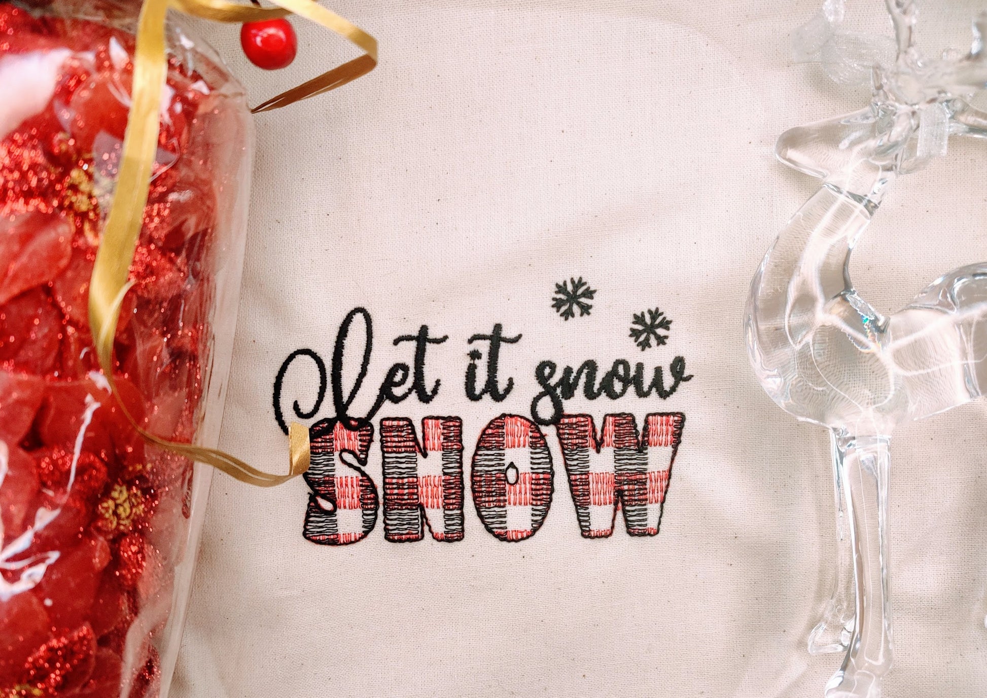 Let it snow Merry Christmas gingham old fashioned classic Kitchen dish towel or pillow quote saying machine embroidery designs