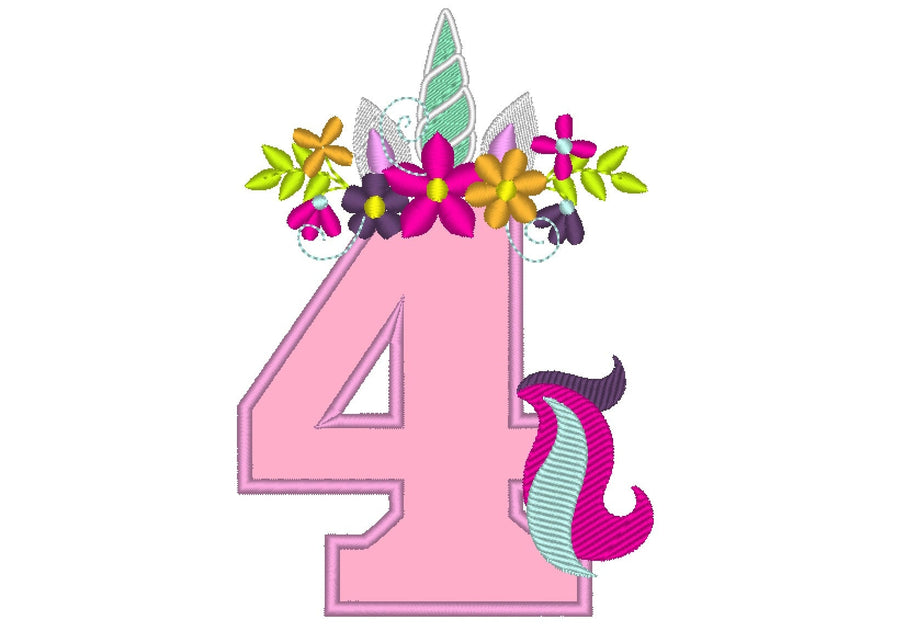 Unicorn number four 4 with flowers crown floral Applique Embroidery 4" 5" 6" 7" | PES DST JEF | Artapli