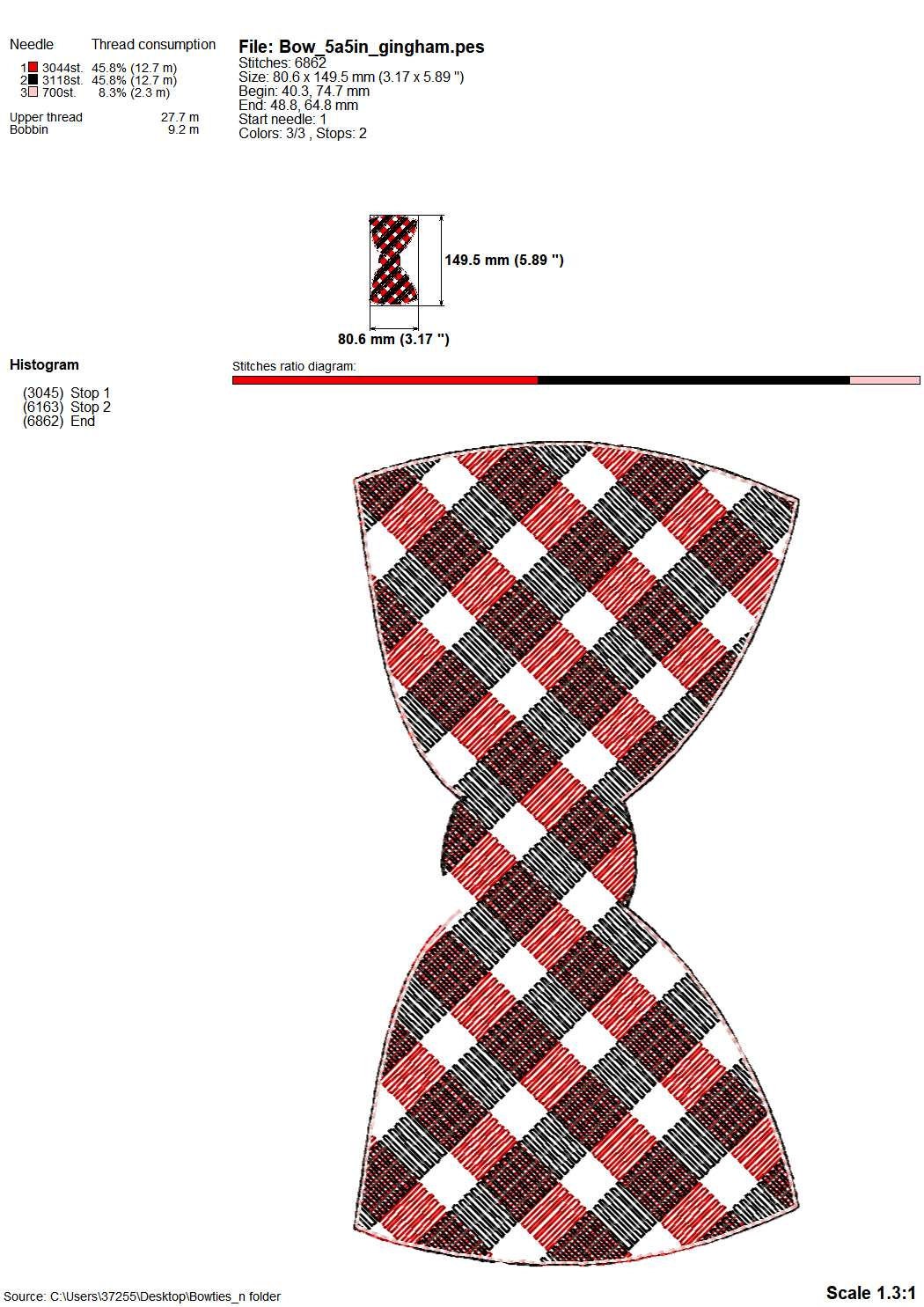 Gingham Plaid Bowtie Bow ITH – 3D machine embroidery design by Artapli