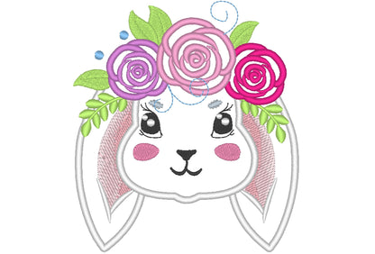 Valentine lovely Bunny head with shabby roses crown applique machine embroidery designs applique Rainbow unicorn embroidery bunny face