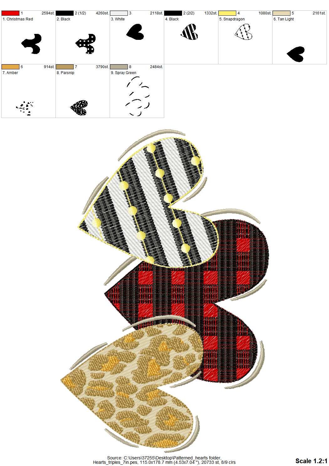 Valentines Hearts triple 3 hearts in a row patterned gingham leopard triple row machine embroidery designs