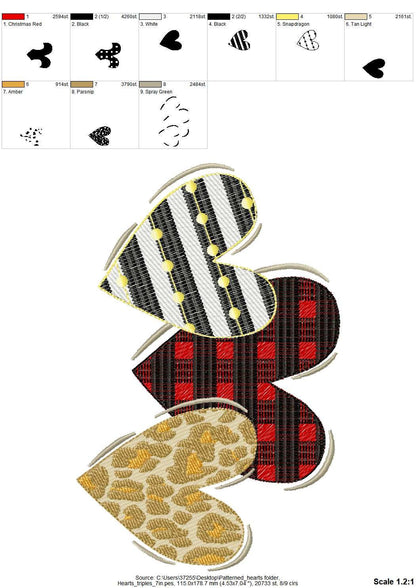 Valentines Hearts triple 3 hearts in a row patterned gingham leopard triple row machine embroidery designs