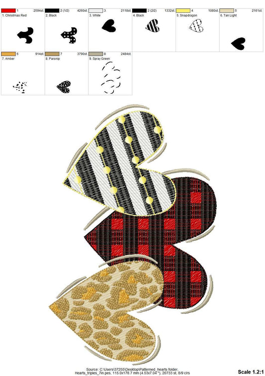 Valentines Hearts triple 3 hearts in a row patterned gingham leopard triple row machine embroidery designs