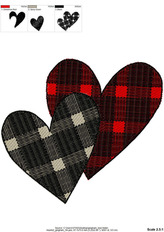 Valentine's Hearts two 2 hearts in a row patterned Buffalo plaid Tartan Gingham machine embroidery designs