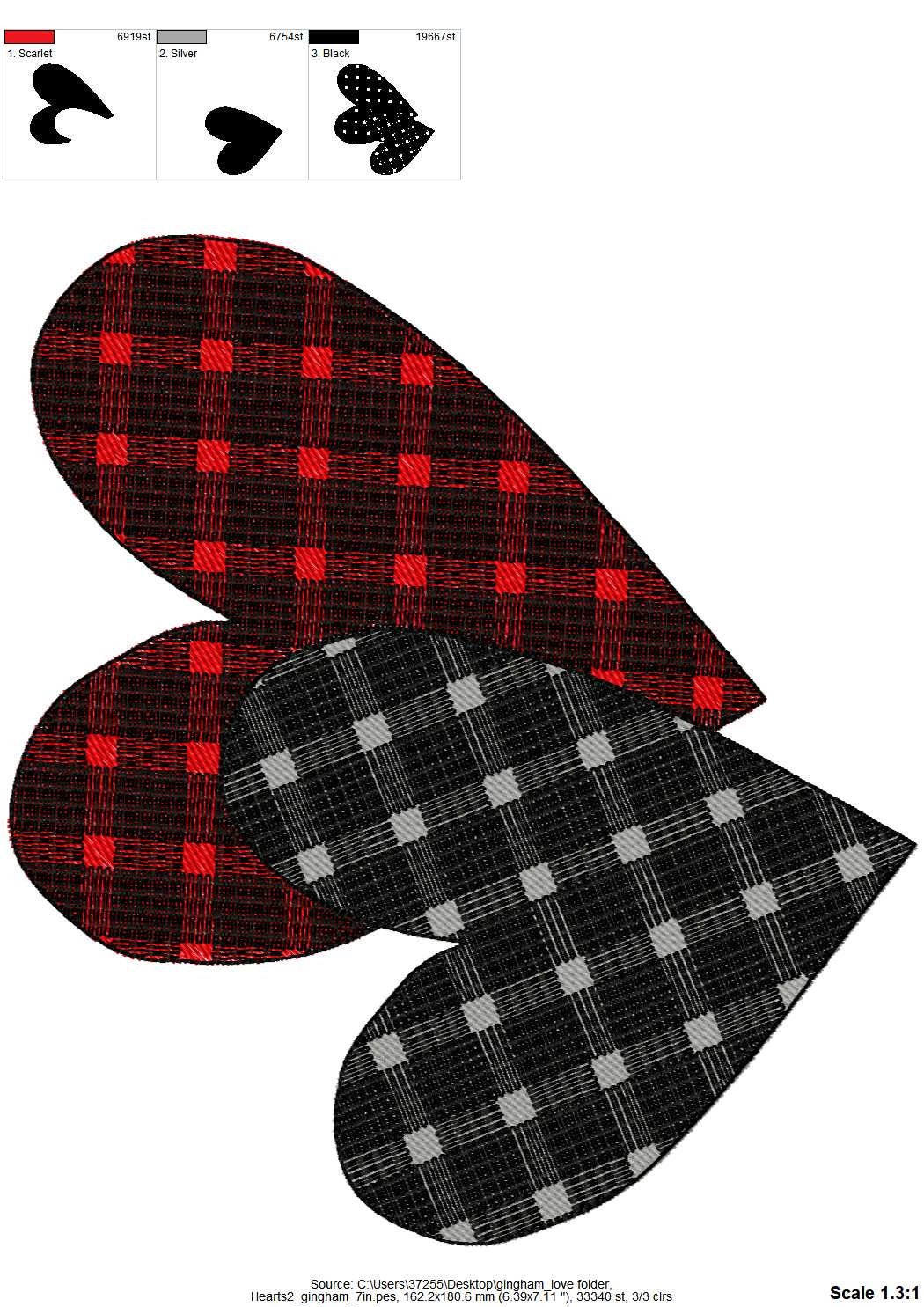 Valentine's Hearts two 2 hearts in a row patterned Buffalo plaid Tartan Gingham machine embroidery designs