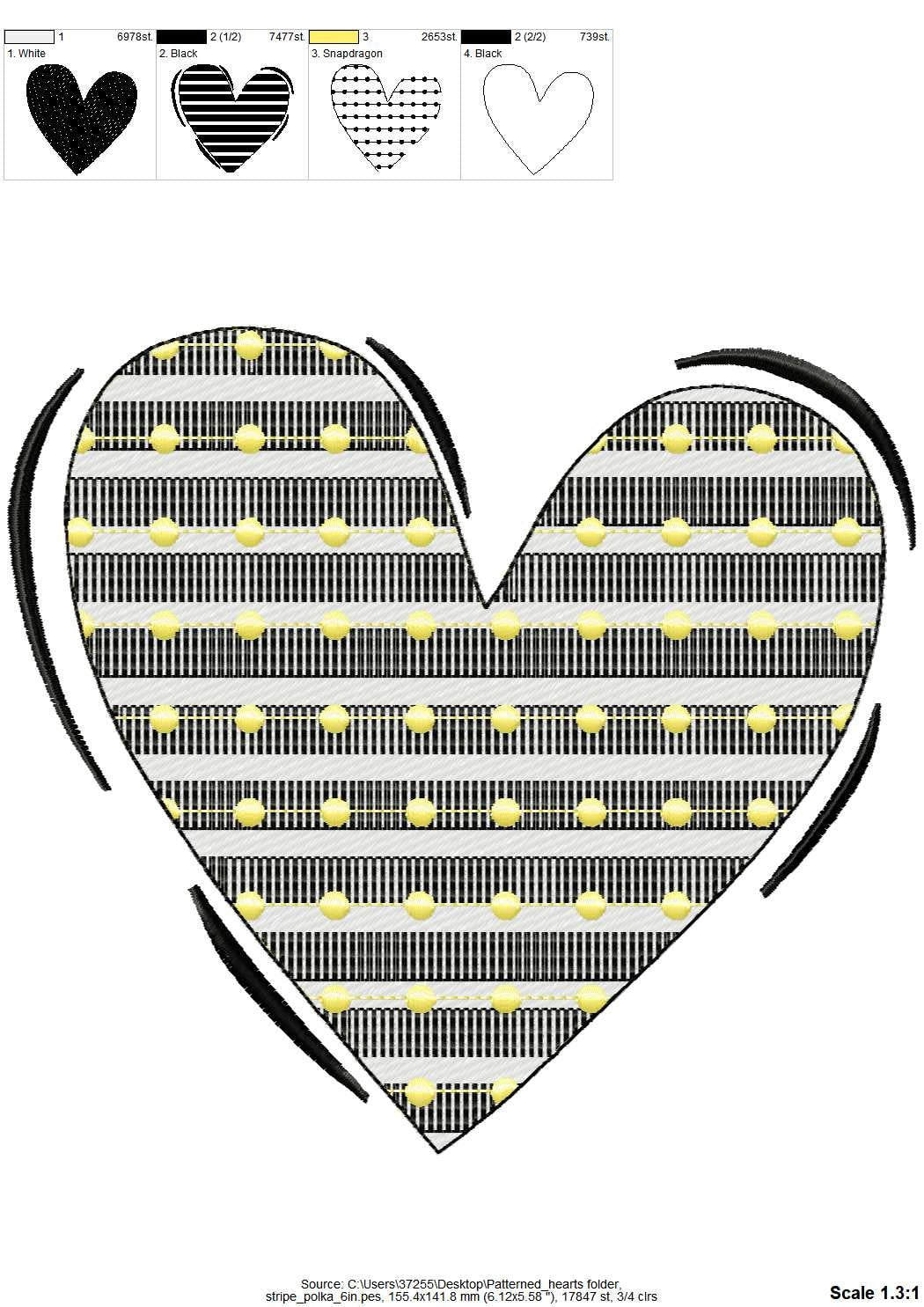 Valentine Love Heart in stripes and dots pattern, machine embroidery designs