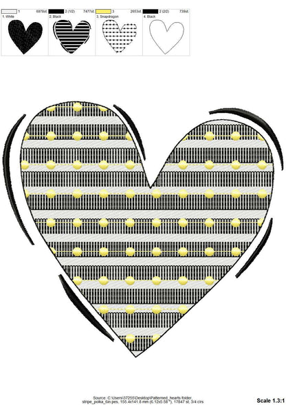 Valentine Love Heart in stripes and dots pattern, machine embroidery designs