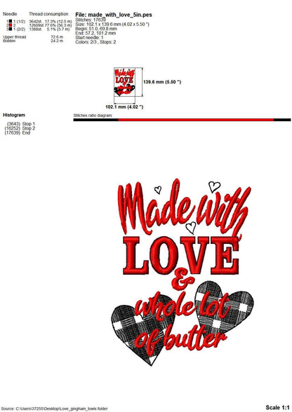 Made With Love, Kitchen Towel Embroidery, Gingham Buffalo Plaid Tartan Machine Embroidery Designs Valentine Saying