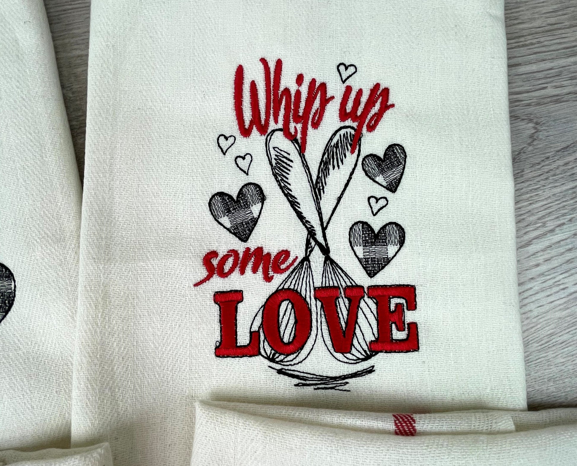 Whip up Some Love Kitchen Towel Gingham Buffalo Plaid Tartan Machine Embroidery Designs Valentine Sayings Quotes