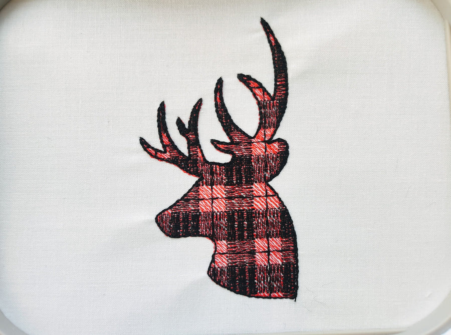 Plaid gingham print Buck Deer head silhouette antlers animal portrait, Machine embroidery designs