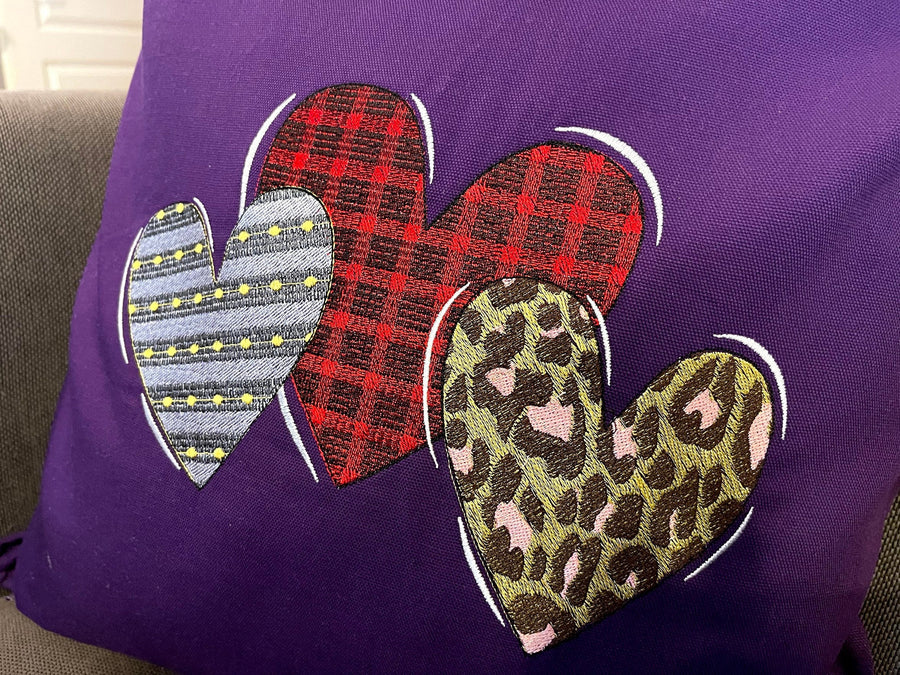 Valentines Hearts triple 3 hearts in a row patterned gingham leopard triple row machine embroidery designs