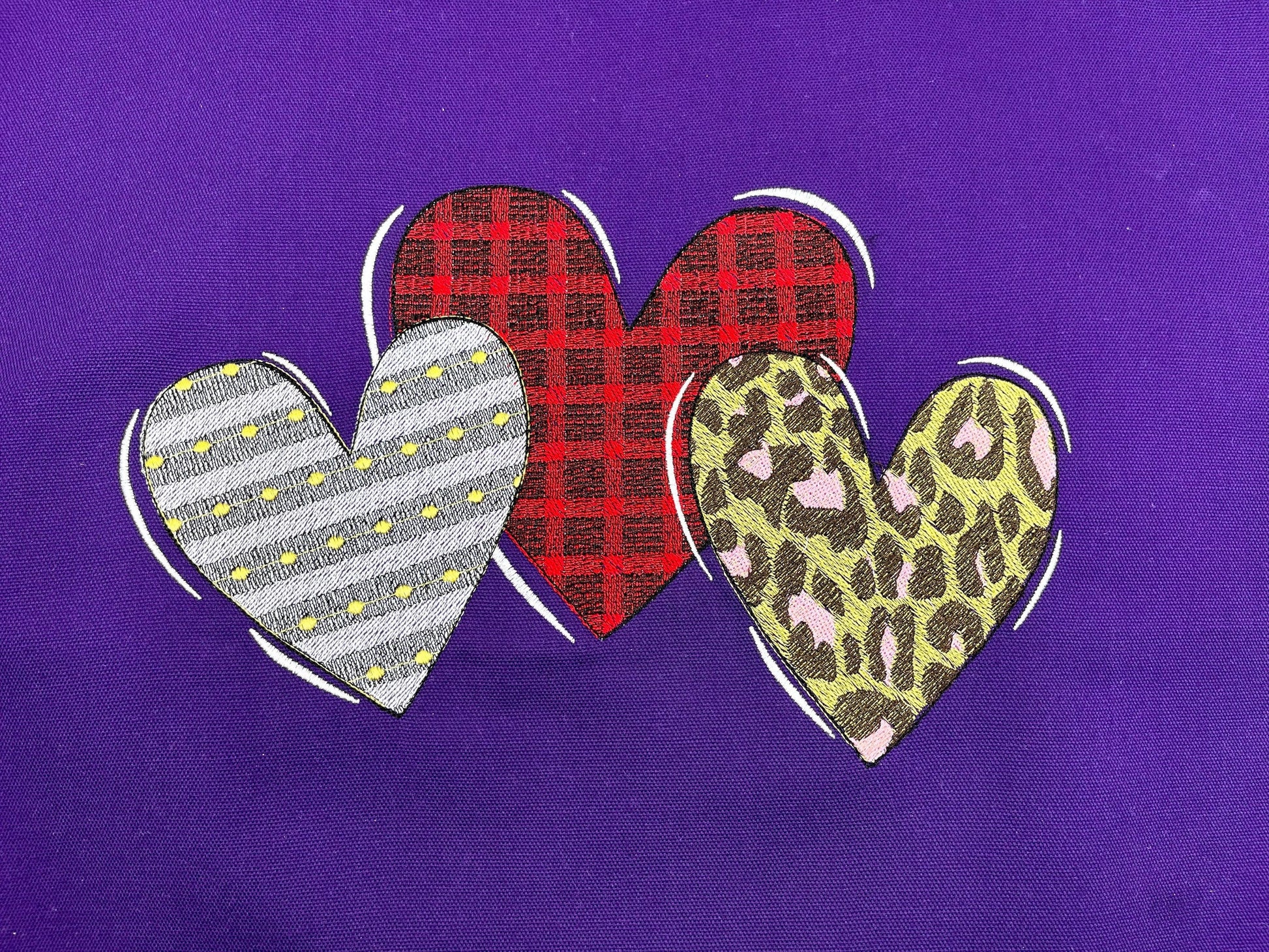 Valentines Hearts triple 3 hearts in a row patterned gingham leopard triple row machine embroidery designs