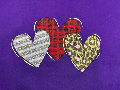 Valentines Hearts triple 3 hearts in a row patterned gingham leopard triple row machine embroidery designs