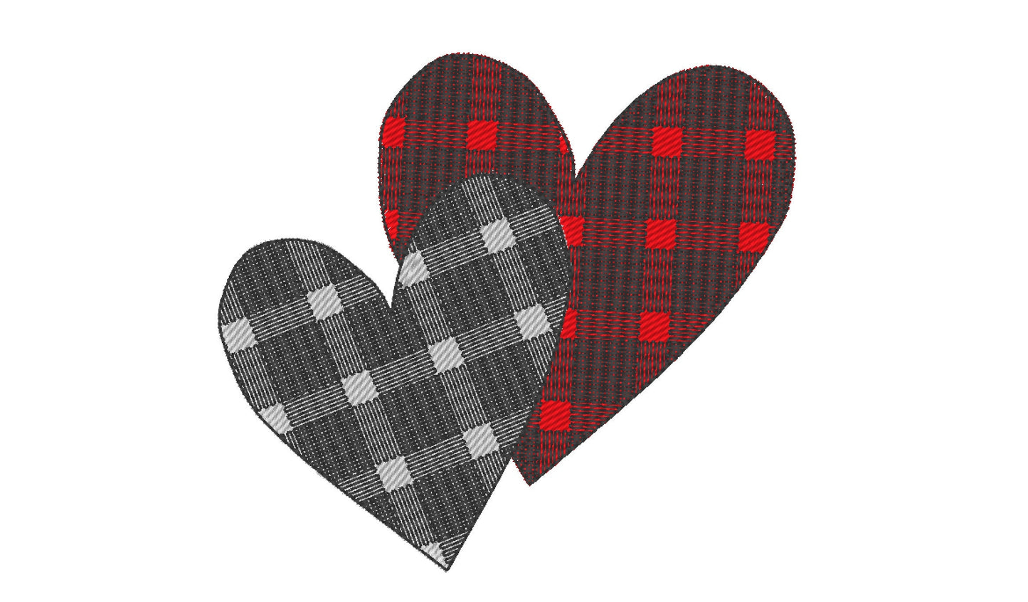 Valentine's Hearts two 2 hearts in a row patterned Buffalo plaid Tartan Gingham machine embroidery designs