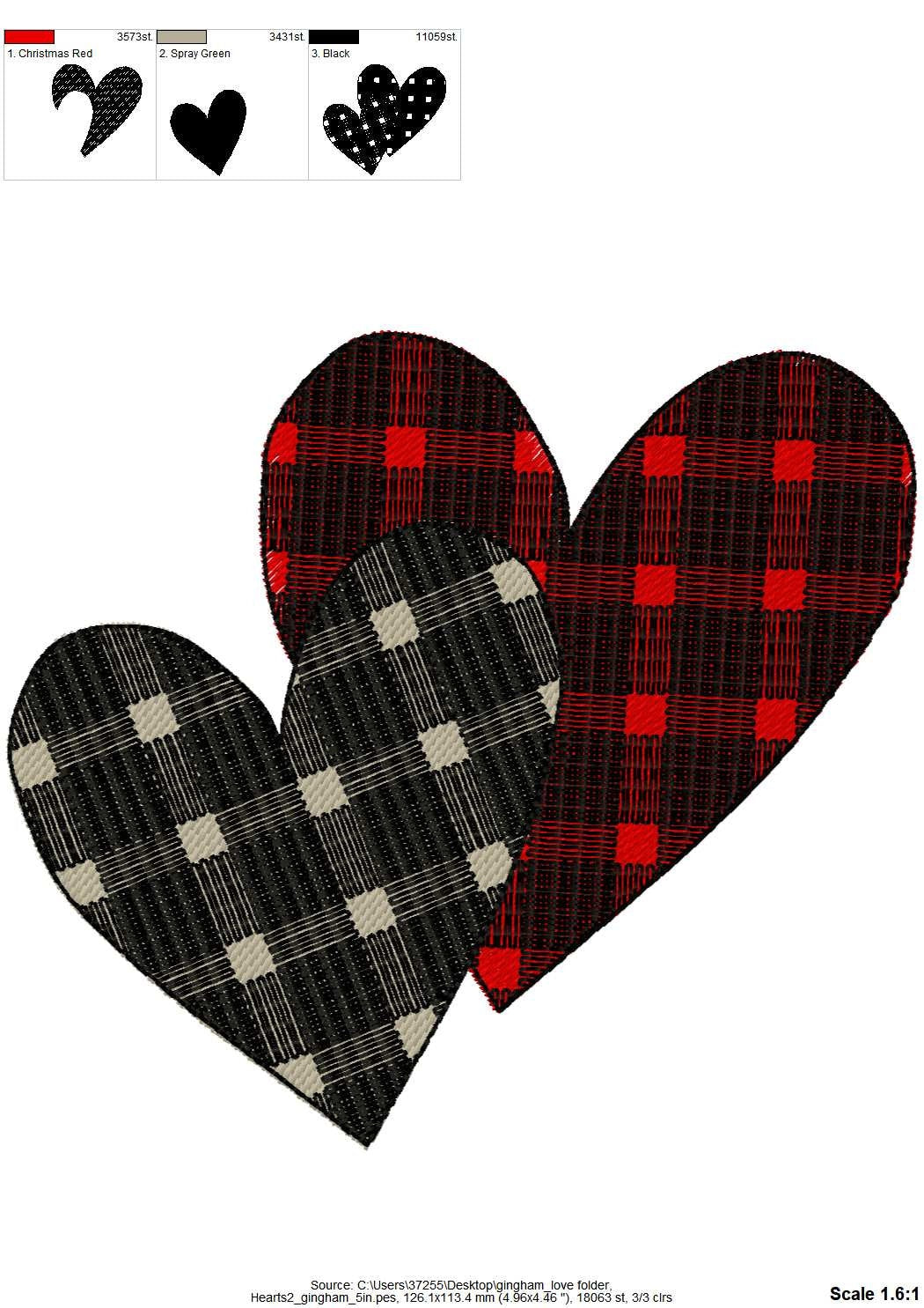 Valentine's Hearts two 2 hearts in a row patterned Buffalo plaid Tartan Gingham machine embroidery designs