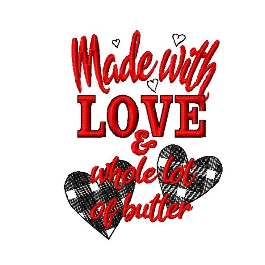 Made With Love, Kitchen Towel Embroidery, Gingham Buffalo Plaid Tartan Machine Embroidery Designs Valentine Saying
