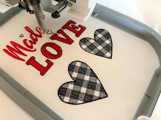 Made With Love, Kitchen Towel Embroidery, Gingham Buffalo Plaid Tartan Machine Embroidery Designs Valentine Saying