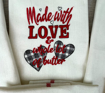Made With Love, Kitchen Towel Embroidery, Gingham Buffalo Plaid Tartan Machine Embroidery Designs Valentine Saying