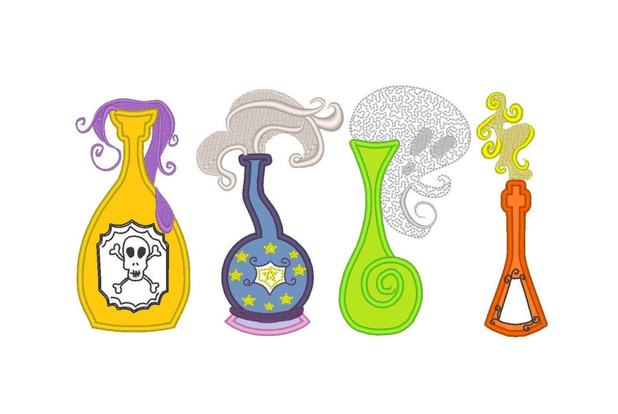 Poison Bottle Set of 4 Applique Embroidery 4" 5" 6" 7" | PES DST JEF | Artapli