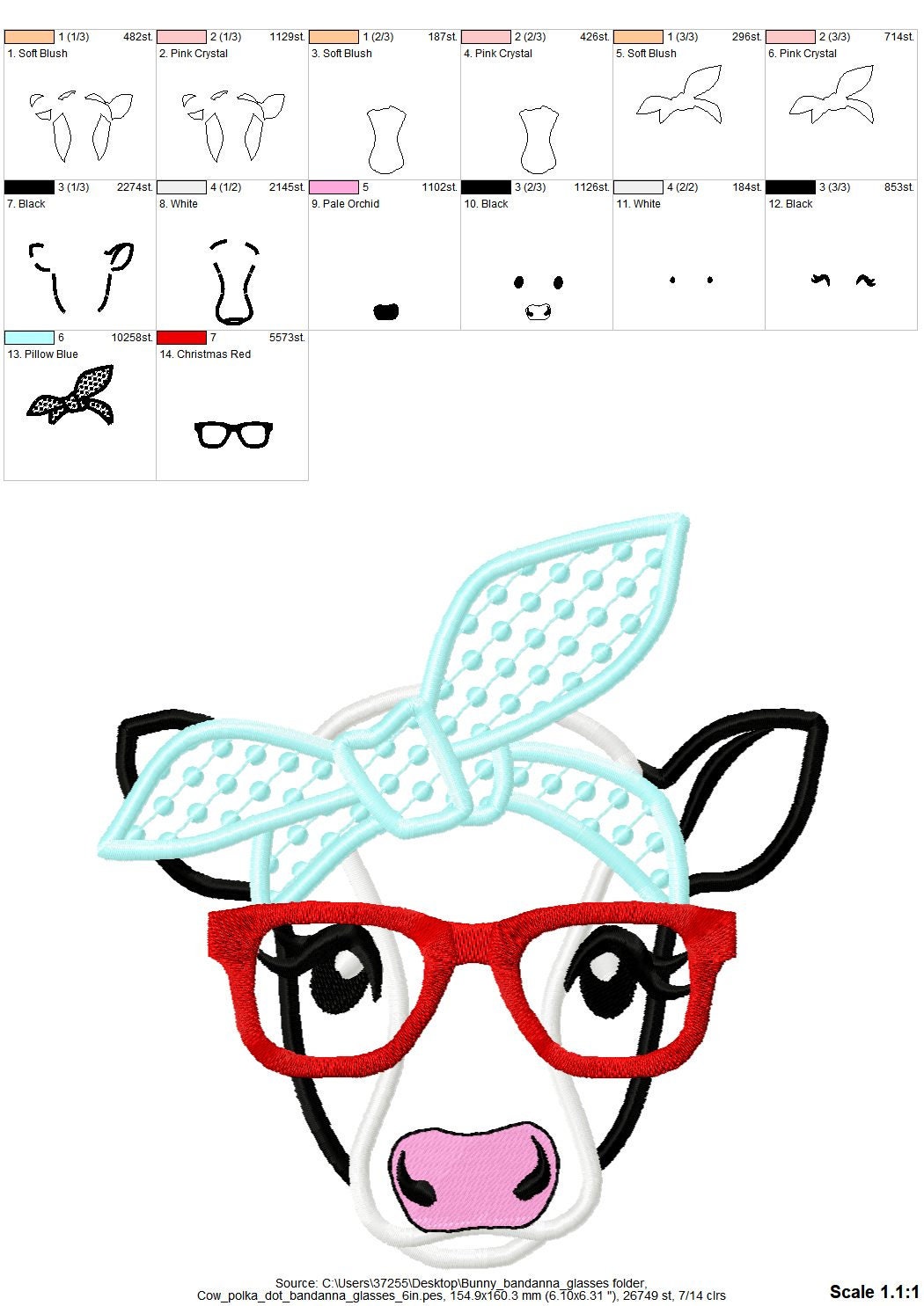 Cow face, cow head, cow with bandanna and glasses, Farm animal cow stylish applique, cowhandkerchief applique machine embroidery designs