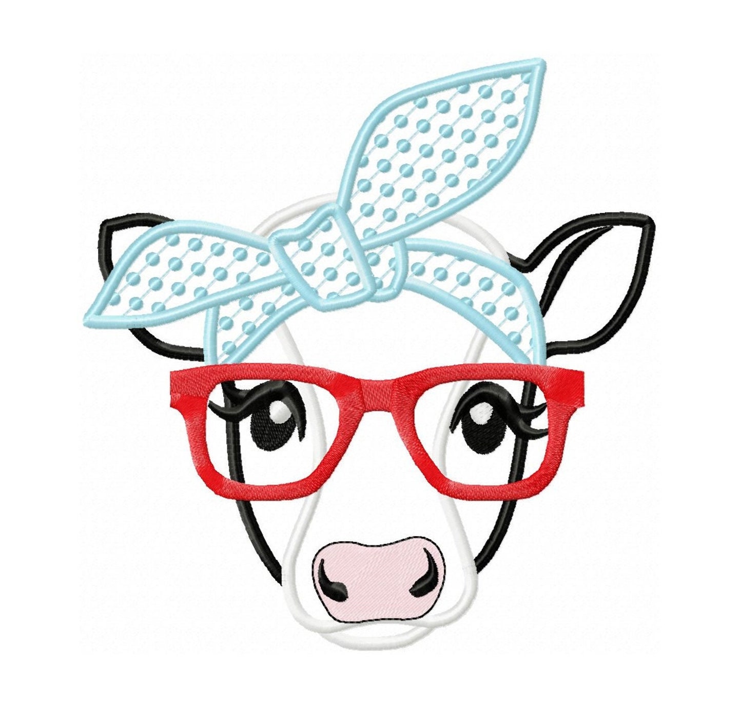 Cow face, cow head, cow with bandanna and glasses, Farm animal cow stylish applique, cowhandkerchief applique machine embroidery designs