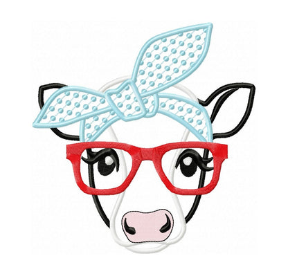 Cow face, cow head, cow with bandanna and glasses, Farm animal cow stylish applique, cowhandkerchief applique machine embroidery designs