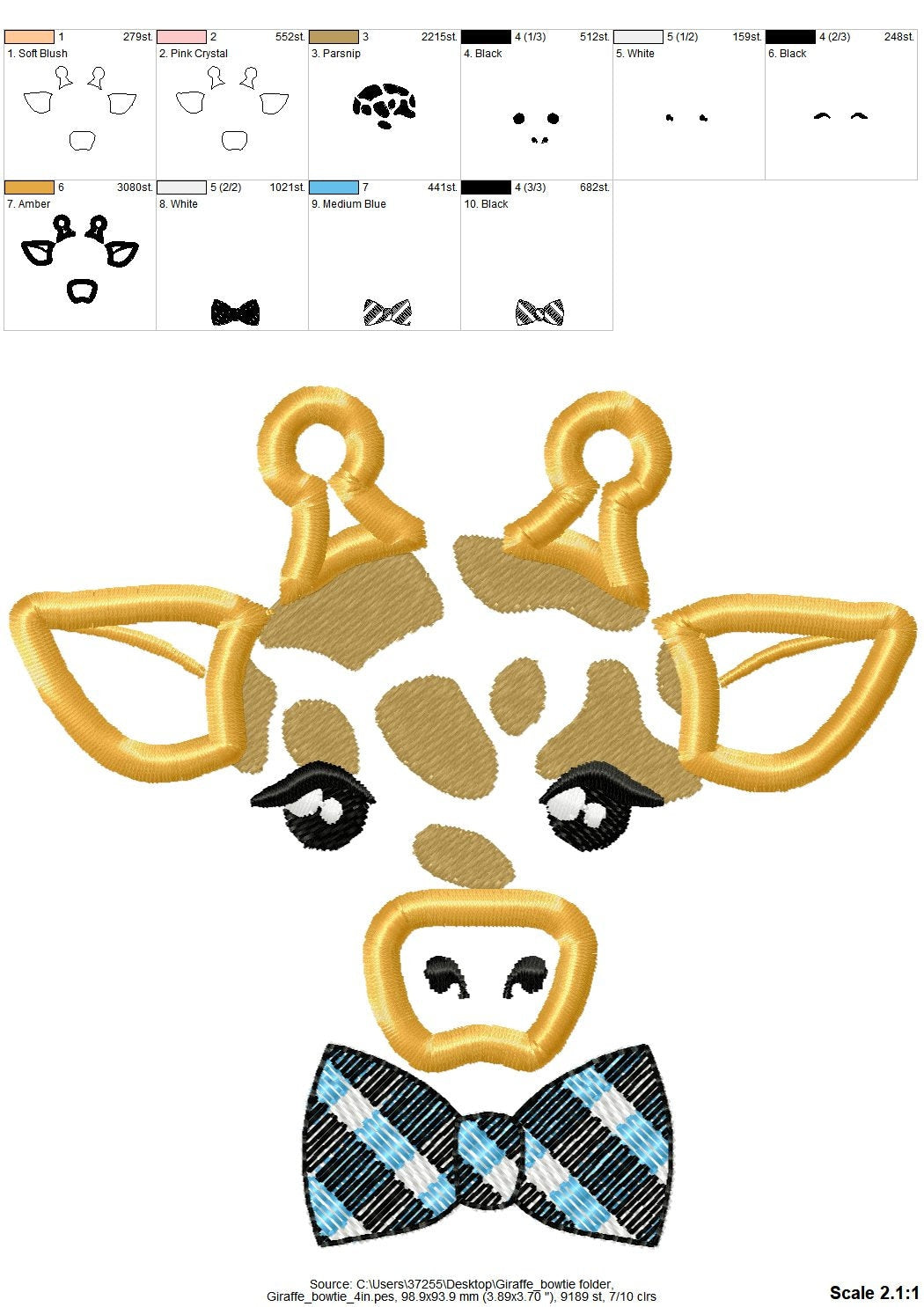 Giraffe Boy with Bowtie – Sizes 4" 5" 5.5" 6" 6.5" 7" Digital Embroidery File | Artapli