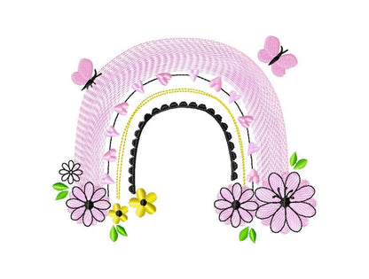 Floral and Butterfly cute adorable Rainbow light stitch rainbow in multiple sizes, rainbow machine embroidery design, outline sketch stitch
