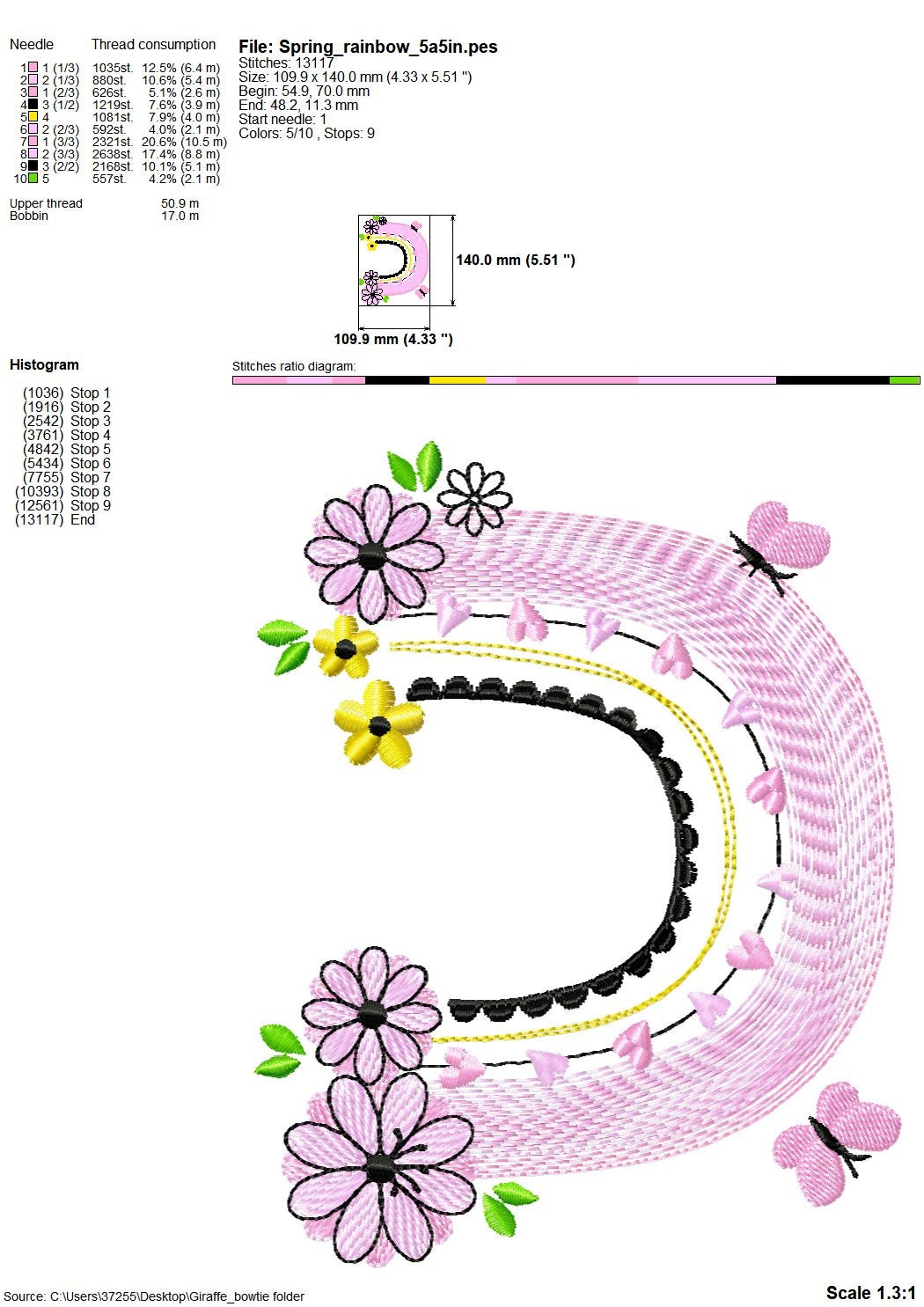Floral and Butterfly cute adorable Rainbow light stitch rainbow in multiple sizes, rainbow machine embroidery design, outline sketch stitch
