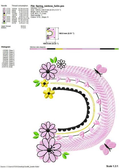 Floral and Butterfly cute adorable Rainbow light stitch rainbow in multiple sizes, rainbow machine embroidery design, outline sketch stitch
