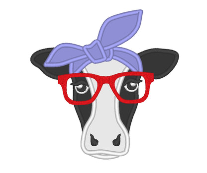 Cow face, cow head, cow with bandanna and glasses, farm animal heifer cow applique cute farm theme applique machine embroidery designs