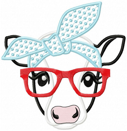 Cow face, cow head, cow with bandanna and glasses, Farm animal cow stylish applique, cowhandkerchief applique machine embroidery designs