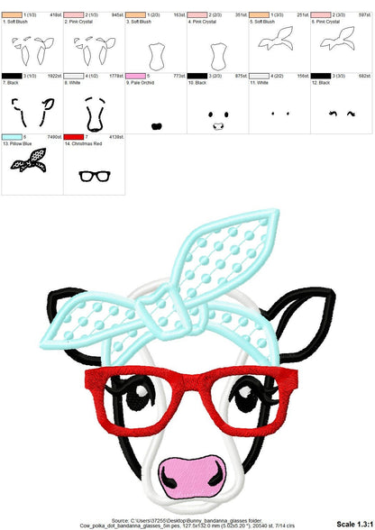 Cow face, cow head, cow with bandanna and glasses, Farm animal cow stylish applique, cowhandkerchief applique machine embroidery designs