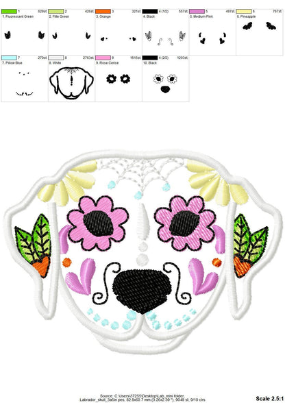 Labrador Sugar Skull Applique – Animal machine embroidery design by Artapli