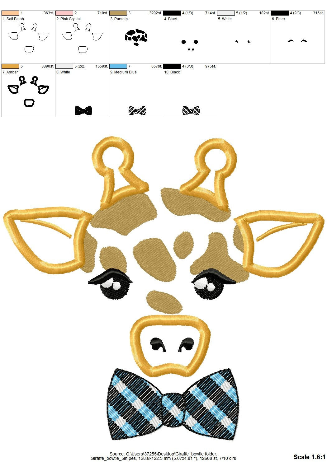 Giraffe Boy with Bowtie – Appliqué machine embroidery design by Artapli