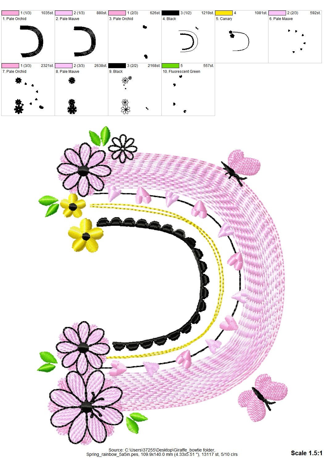 Floral and Butterfly cute adorable Rainbow light stitch rainbow in multiple sizes, rainbow machine embroidery design, outline sketch stitch