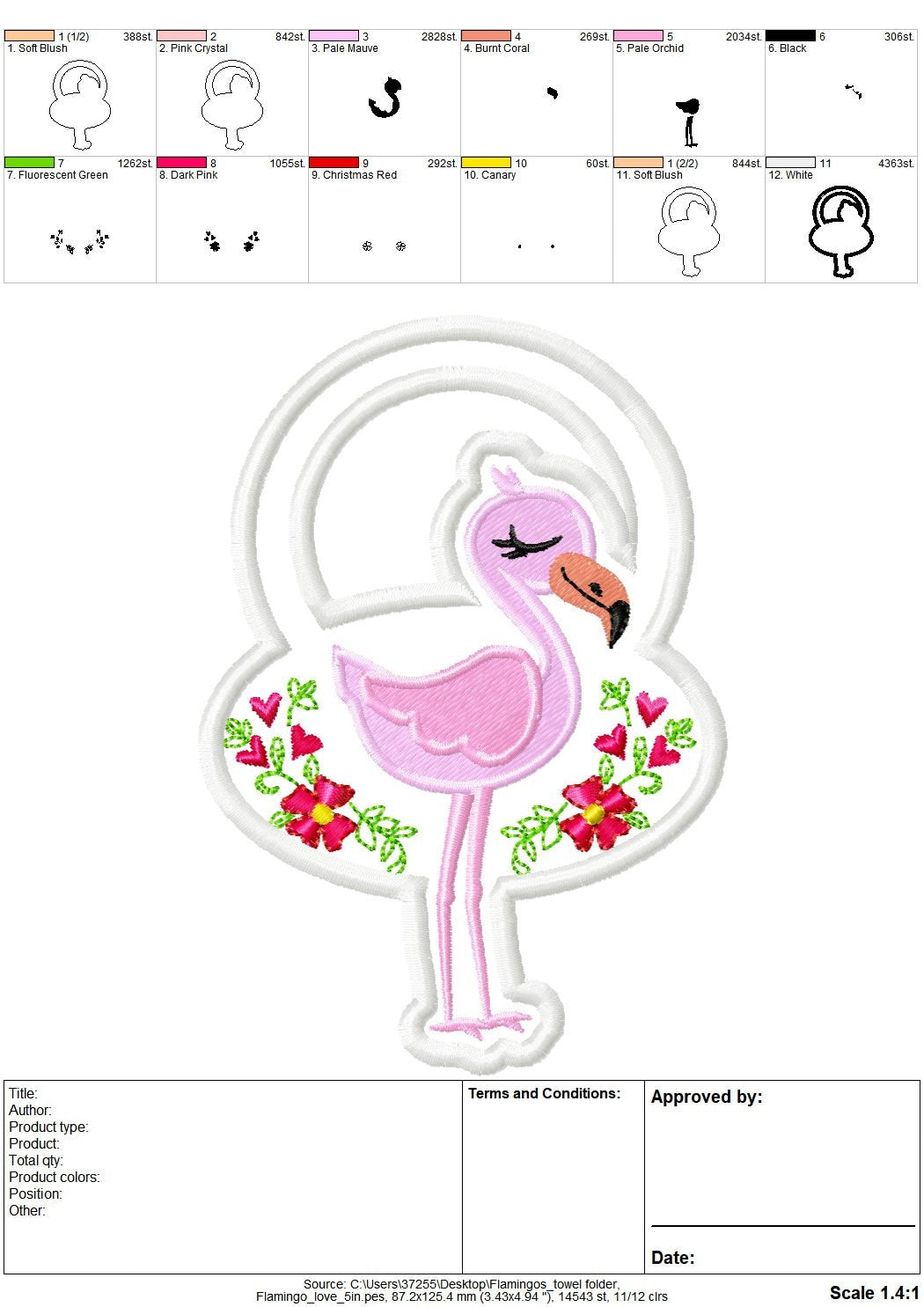 Little pretty flamingo with flowers and hearts towel hanging hole in the hoop ITH machine embroidery designs